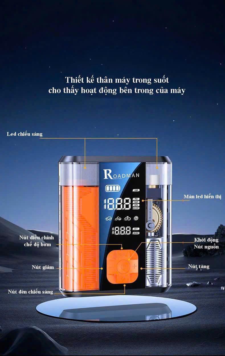 Bơm Lốp Ô Tô Kiêm Kích Bình Ắc Quy Roadman 8800mAh – Bơm Hơi Ô Tô Xe Máy, Cứu Hộ Khẩn Cấp, Sạc Pin USB, Màn Hình LED
