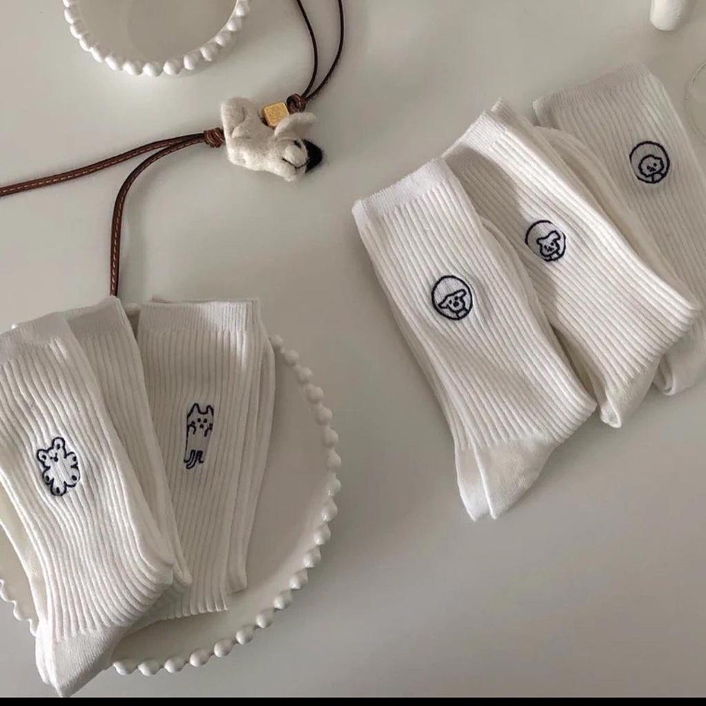 Tất Cao Cổ Nam Nữ Vớ Cao Cổ Thêu Họa Tiết Nhỏ Xinh Chất Cotton Mịn Mát Tất Trắng Lolita Cao Cổ Nữ Camcamvintage