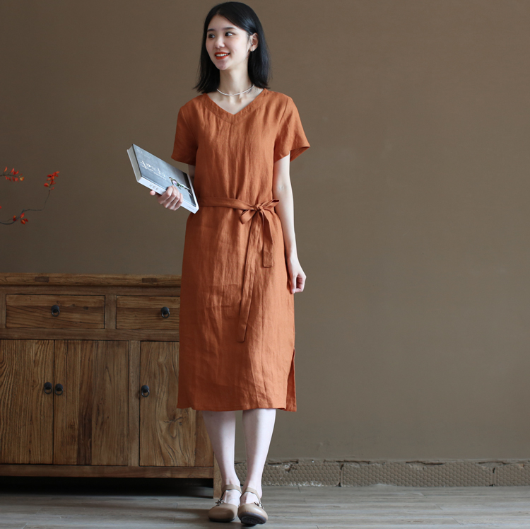 Đầm linen suông cổ tim ngắn kèm dây thắt eo phong cách nữ nhẹ nhàng thach lịch, mẫu mới Đũi Việt 2023 DV193