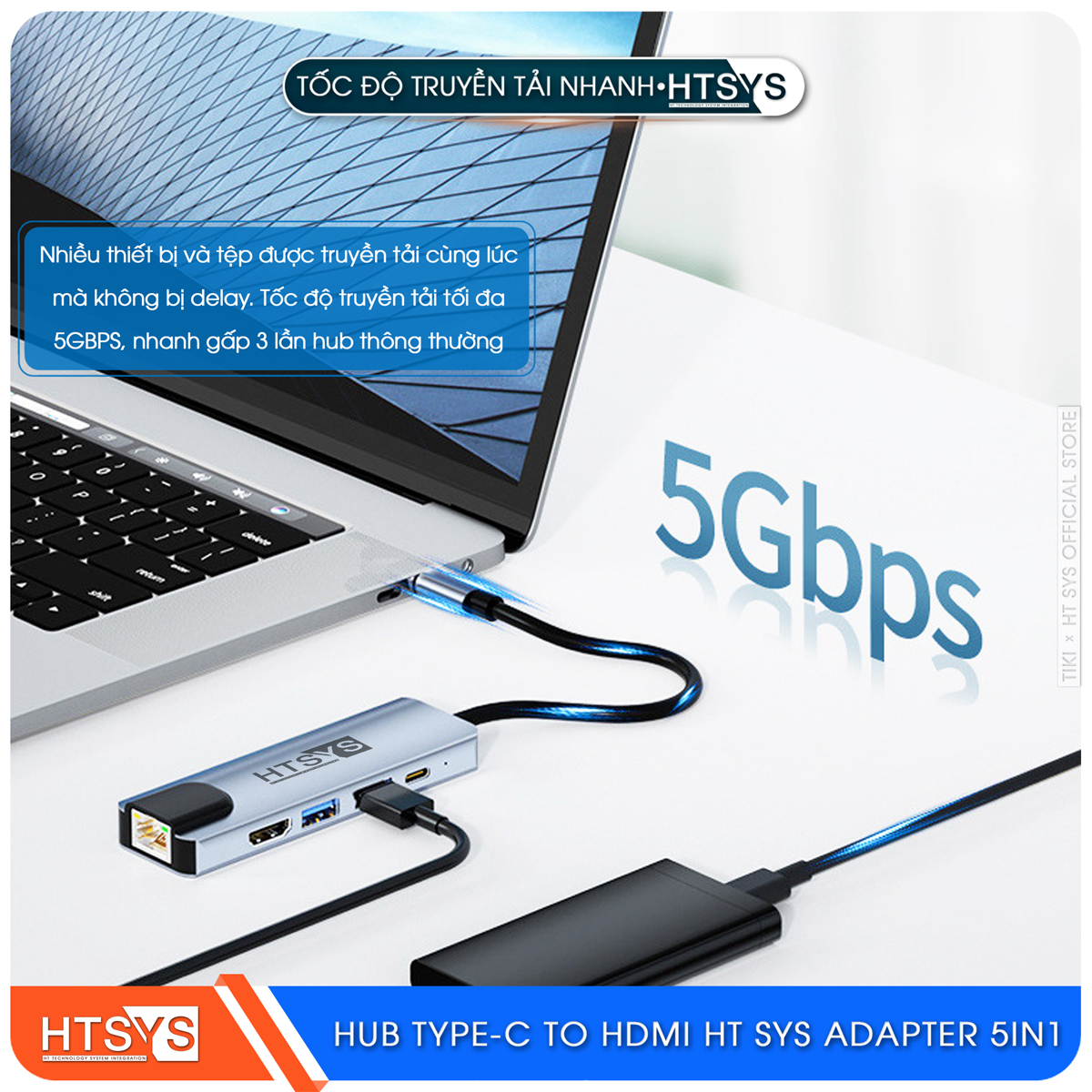 Hub Type C HT SYS 5 in 1 To HDMI, USB 3.0, Lan, PD 100W - Hàng Chính Hãng