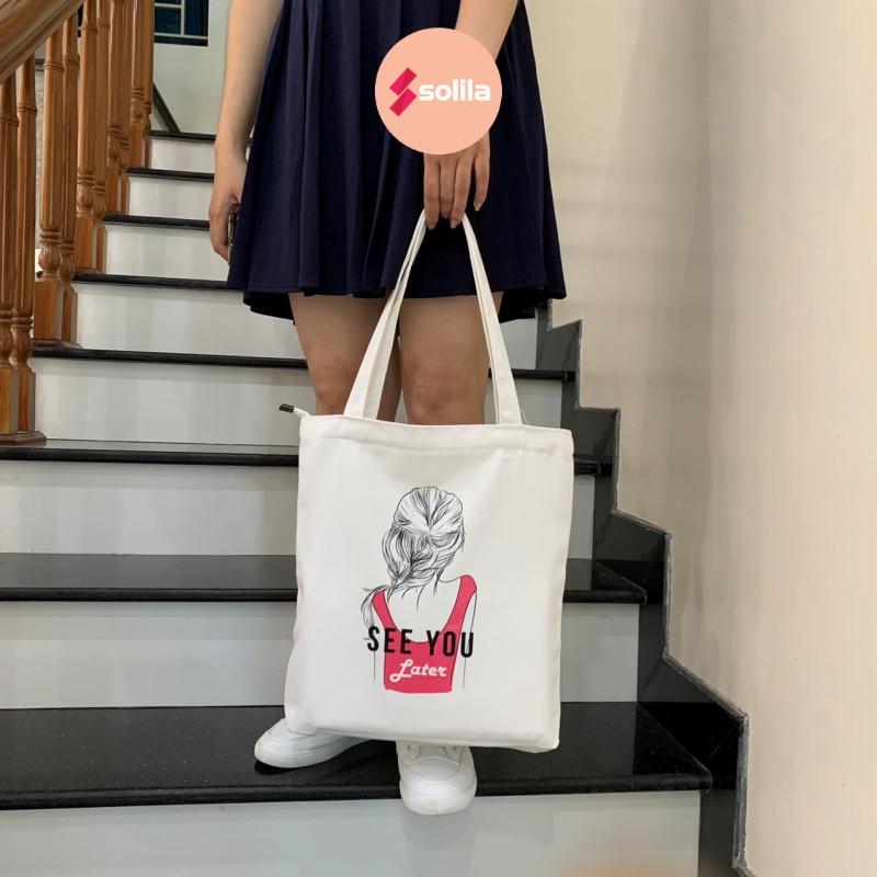 Túi tote bag vải canvas mềm đẹp có khóa và túi phụ cho bạn nữ đi học đi làm thời trang hàn quốc