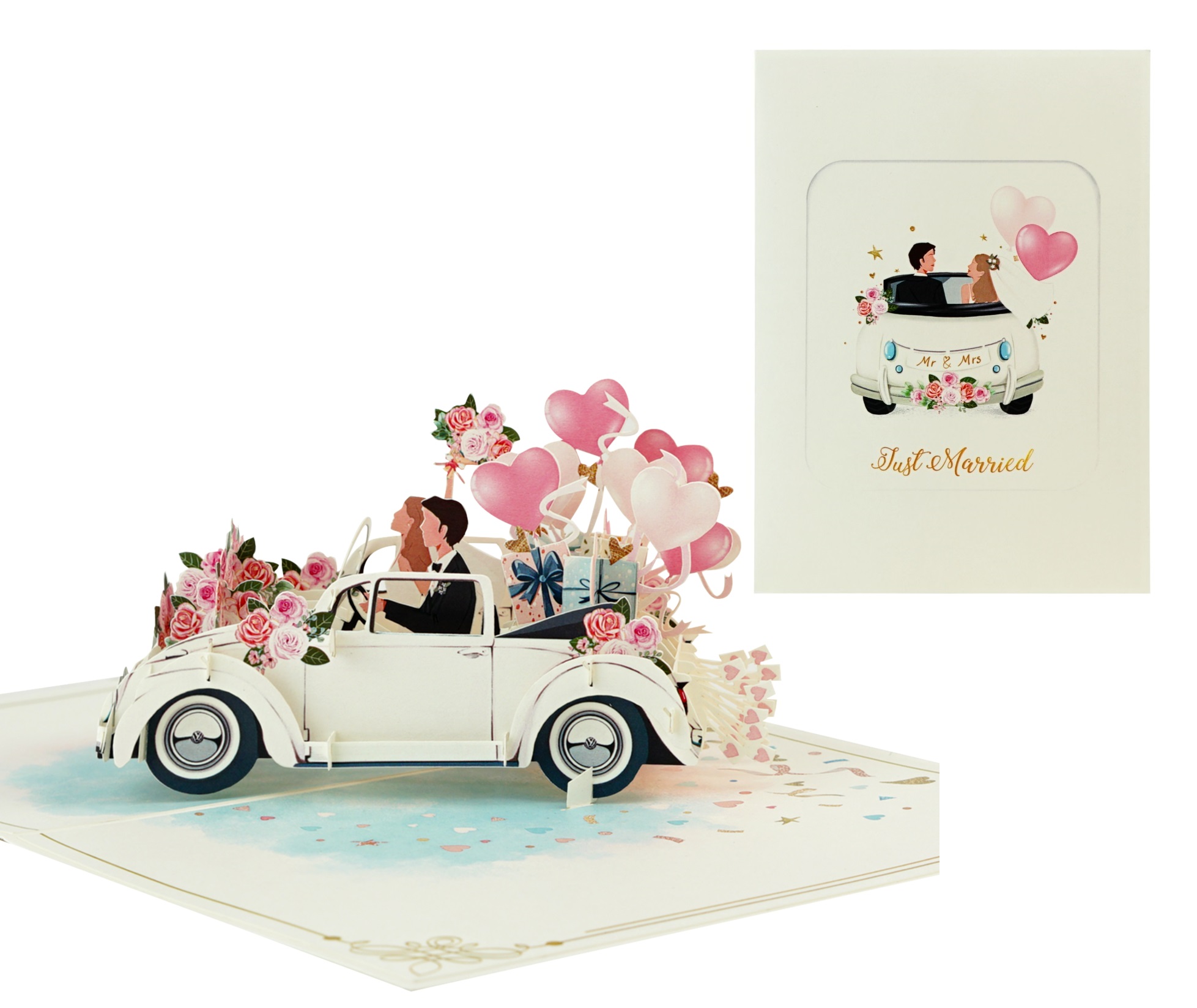 Thiệp 3D Pop Up Xe Cưới Trắng Just Married – Thiệp Chúc Mừng Đám Cưới, Wedding Card Sang Trọng