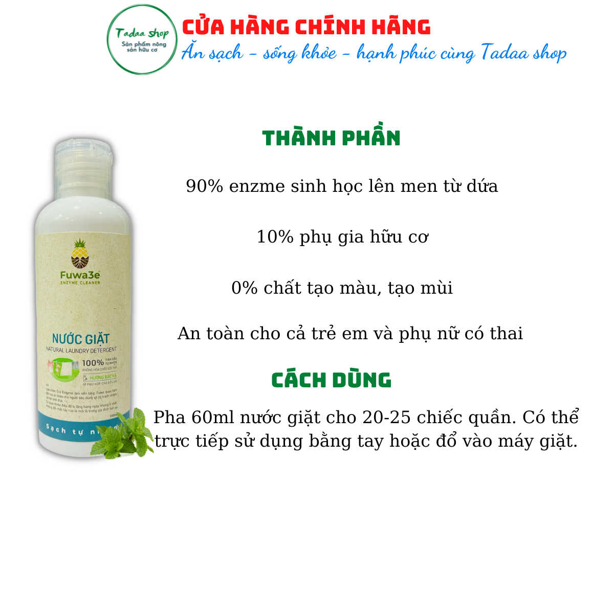 Nước giặt hương bạc hà Organic sinh học Fuwa3e chuyên giặt đồ lụa, bảo vệ da tay chai 100ml