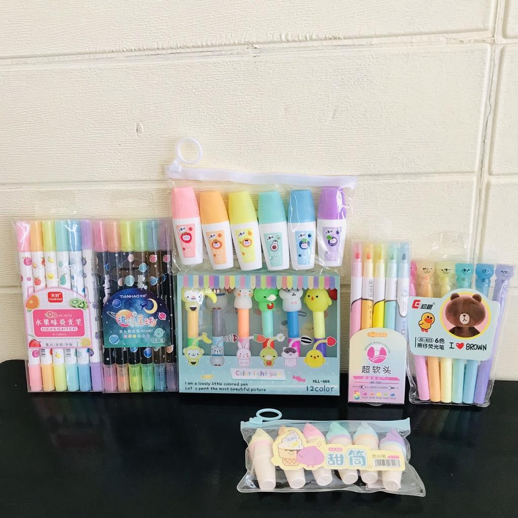 Bút dạ quang 6 màu highlight pastel LEE, bút đánh dấu nhớ dòng cute nhiều màu marker dễ thương 【set 6 bút HHC】