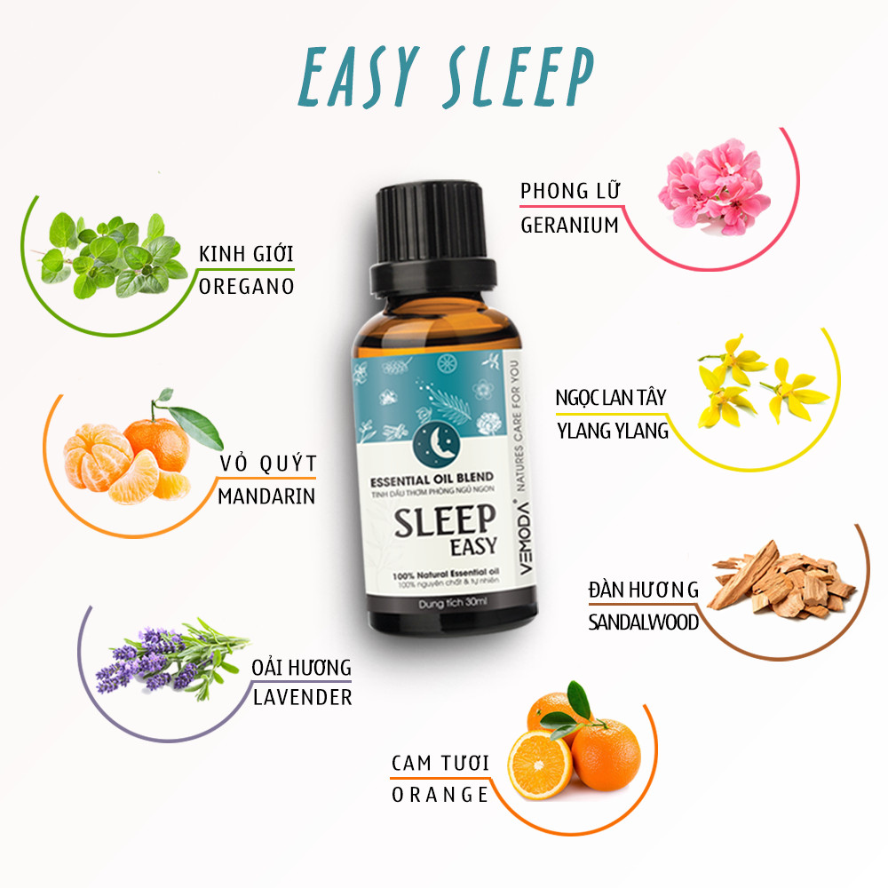 Tinh dầu ngủ ngon Vemoda Sleep Easy. Tinh dầu xông phòng giúp thư giãn, làm thơm phòng