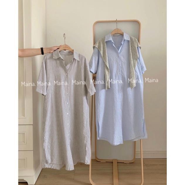 Váy polo form rộng cộc tay kẻ sọc - Đầm sơ mi dáng oversize