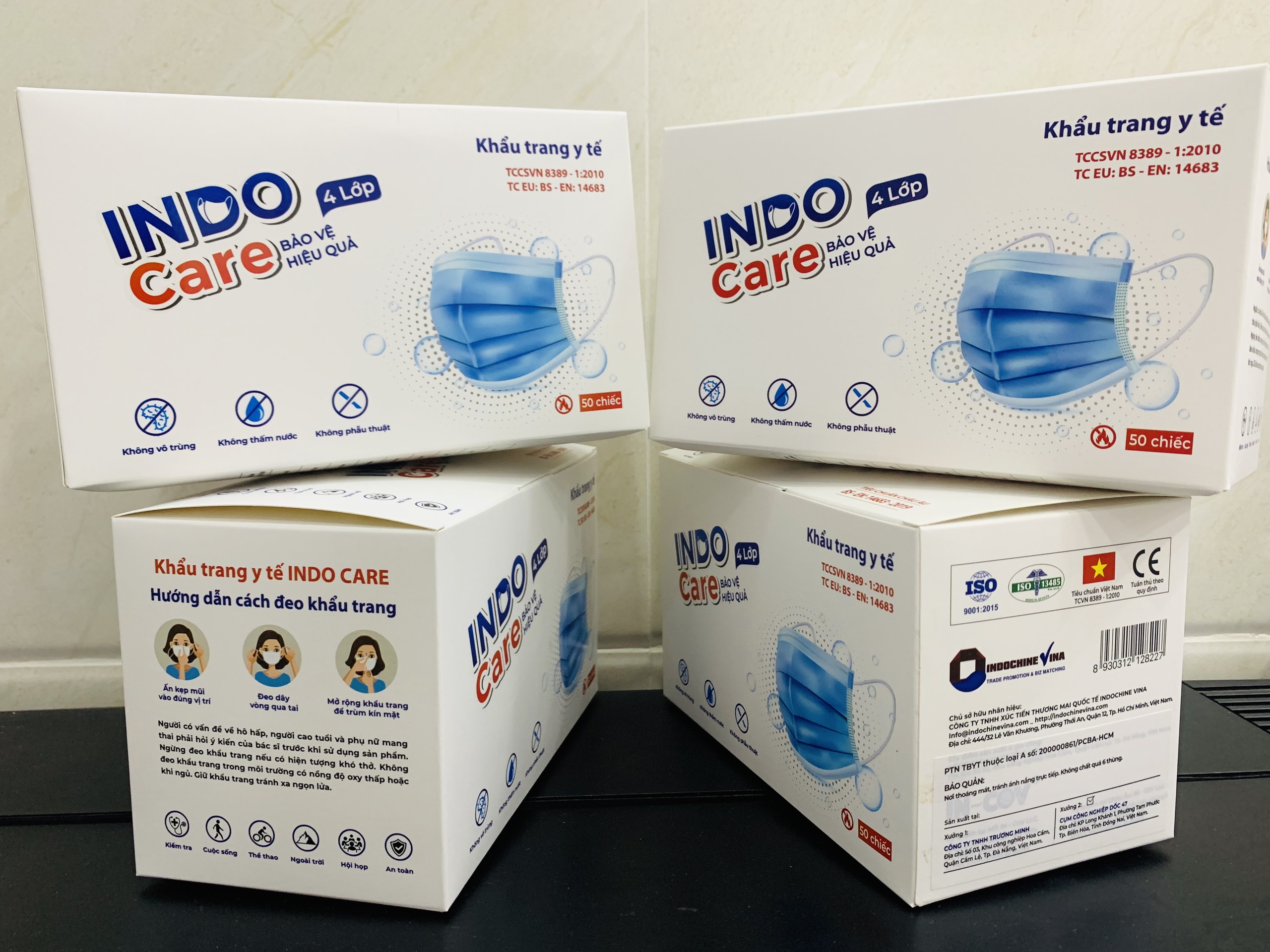 [InDoCare] Combo5 hộp Khẩu Trang Y Tế 4 lớp INDO CARE Kháng khuẩn 99%. Tiêu Chuẩn Châu Âu BS EN 14683-2019. Chống tia UV ngăn ngừa mụn khói bụi hiệu quả (Tặng 1 chai nước rửa tay 100ml).