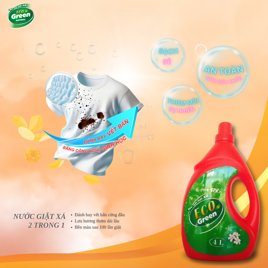 Nước Giặt Xả Sinh Học Thiên Nhiên Eco Green - Giặt Sạch Tự Nhiên - Lưu Hương Thơm Cả Ngày - CAN 4L
