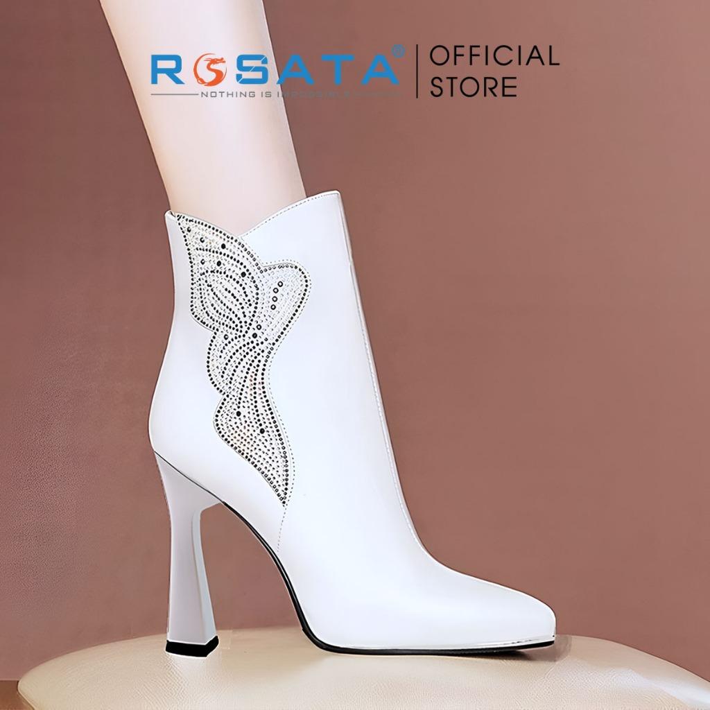 Giày boot nữ ROSATA RO606 cổ cao mũi nhọn họa tiết thời trang khóa kéo êm chân cao gót 8 phân xuất xứ Việt Nam - ĐEN