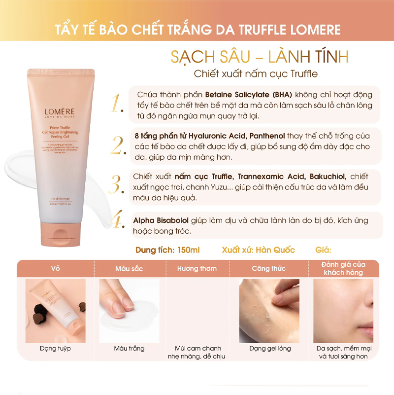 Tẩy tế bào chết dưỡng trắng da Lomere Prime Truffle Cell Repair Brightening Peeling Gel 150ml