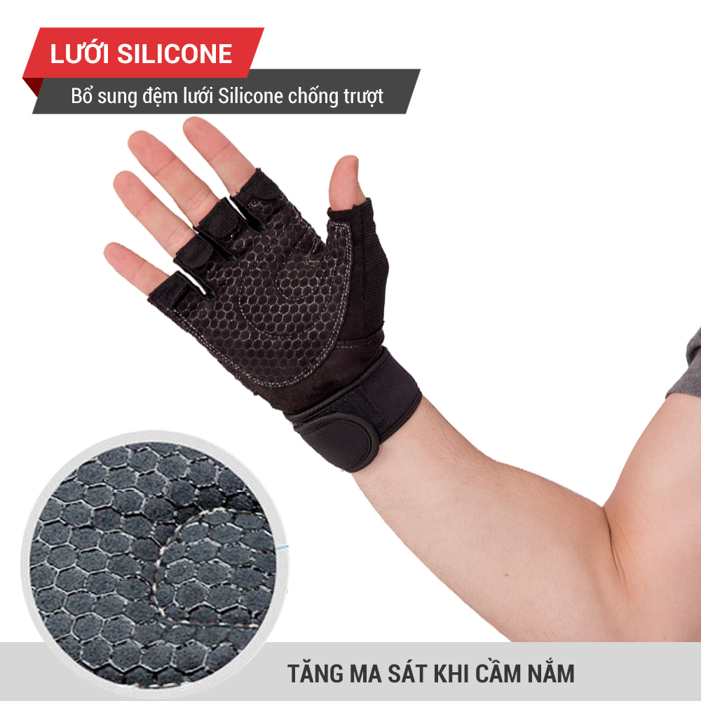 Găng tay tập gym nữ/nam hở ngón, bao tay tập Gym nữ/nam có quấn trợ lực cổ tay, đệm Silicone chống trượt GoodFit GF201G