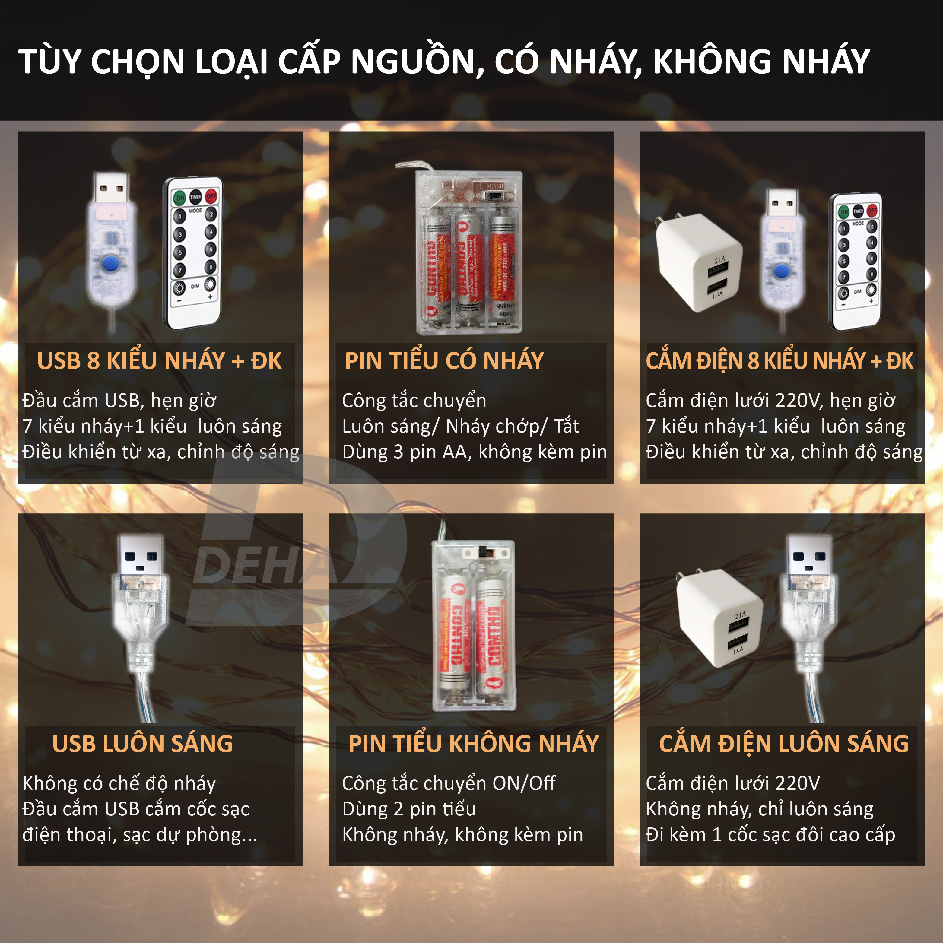 Dây đèn led đom đóm trang trí decor phòng, du lịch cắm trại, fairy light cao cấp (tùy chọn loại nguồn cấp, chiều dài dây và màu sắc)