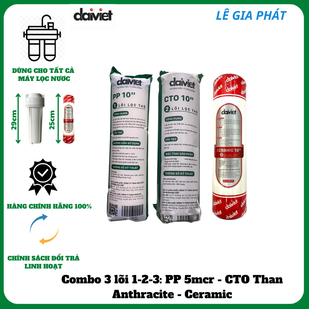 Combo 3 Lõi Lọc Nước Thô 1-2-3 Hàng Chính Hãng