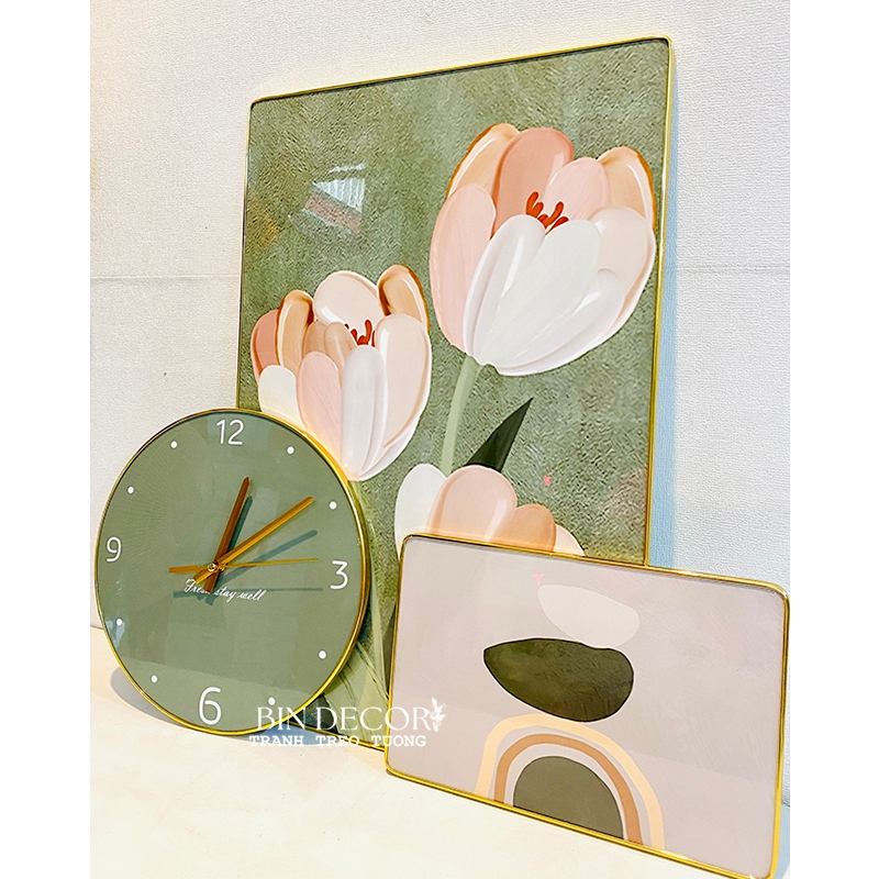 (CÓ ẢNH THẬT) Tranh đồng hồ tráng gương hoa tulip bộ 3 tranh bo viền kèm đinh và pin