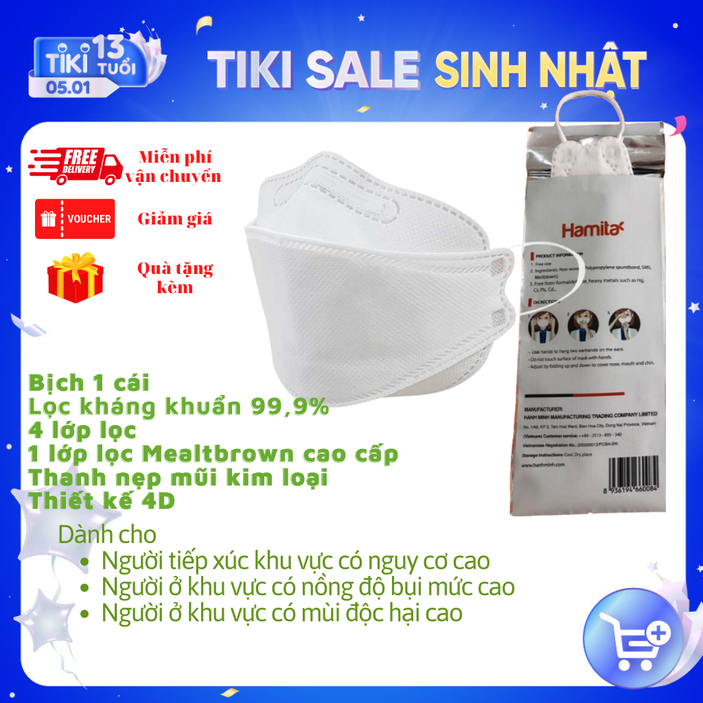 Khẩu trang y tế 4D 4 lớp cao cấp Hamita - Bịch 1 cái - Dành cho trẻ em - ISO13485, Dấu CE - Sử dụng giấy kháng khuẩn cao cấp Mealtblown, hiệu quả lọc kháng khuẩn giữ nguyên 99.9% sau 5 lần giặt