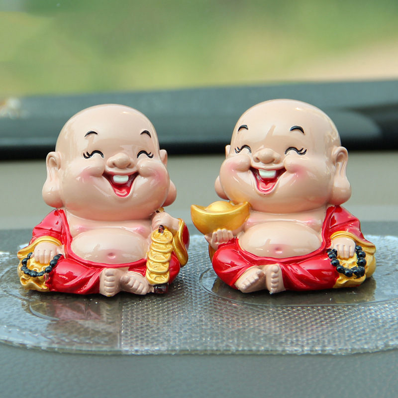Bộ 04 tượng Thần Tài - Di Lặc kèm túi đỏ chữ Phát và chân đế giả đá size nhỏ