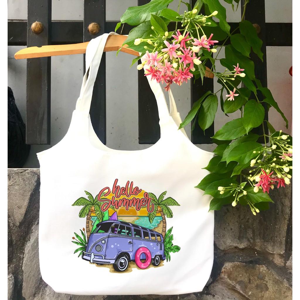 TÚI tote bầu vải canvas đeo vai hello summer_Khoá kéo