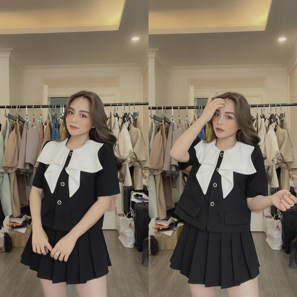 SET VEST CỔ BÈO MIX CHÂN VÁY XẾP LY XÒE CỰC ĐẸP