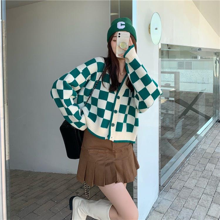 Áo khoác cardigan len dáng croptop sọc caro màu xanh đen phong cách hàn quốc D-10