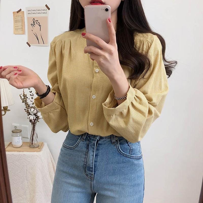 Áo sơ mi caro cổ tròn tay phồng thời trang Hàn Quốc cho nữ