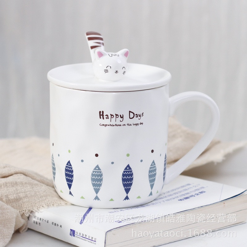 Ly sứ cao cấp kèm nắp sứ và muỗng sứ nắp hình mèo siêu Cute