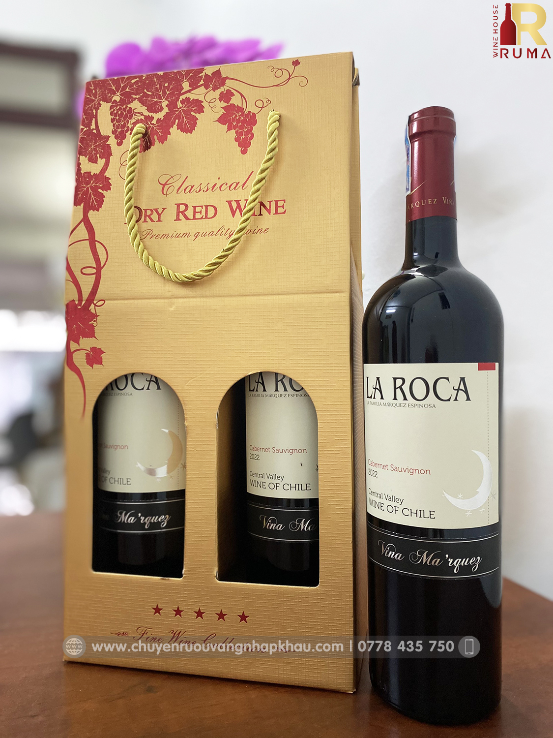 Set quà tặng hộp giấy 2 chai rượu vang Chile La Roca