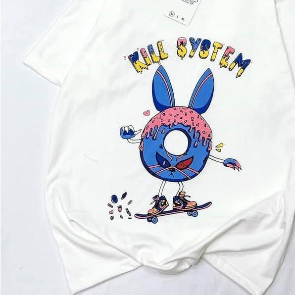 Áo thun nam nữ unisex form rộng in hình thỏ màu xanh trắng