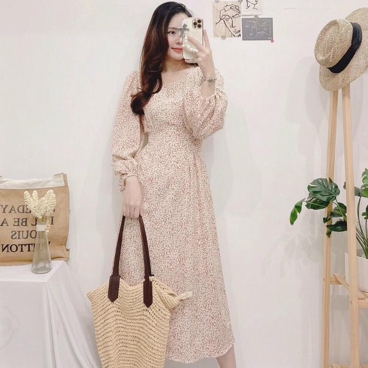 ĐẦM HOA TAY DÀI CỔ TRỔN - Hình Shop Chụp Thật