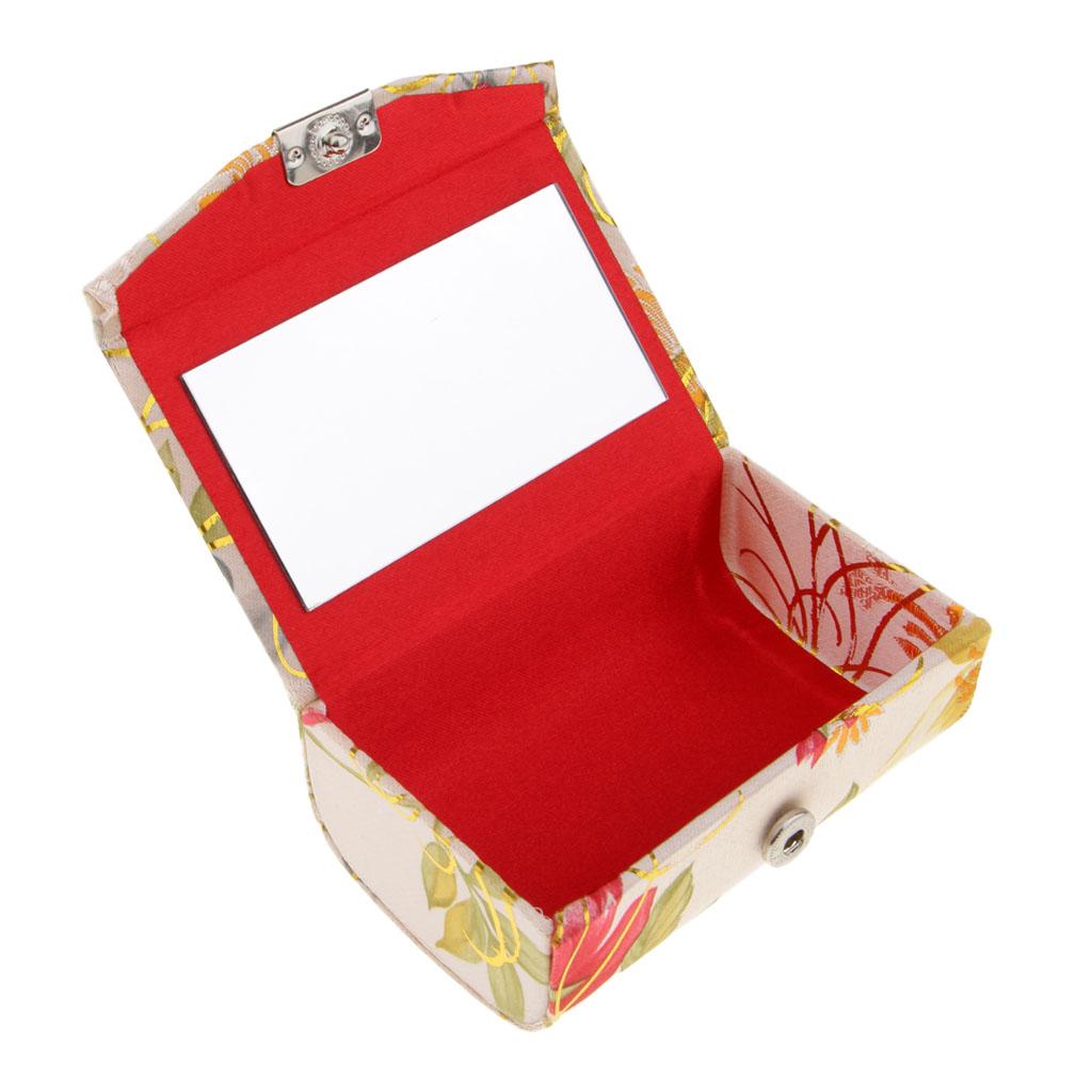 Embroidered Brocade Lipstick Lip Gloss Case Jewelry Storage Box Makeup Holder With Mirror Inside with Snap-On Closure