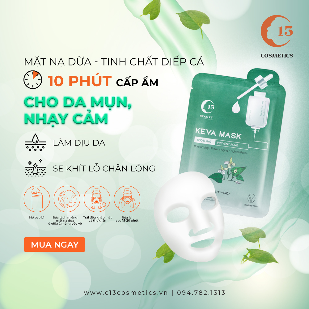 Hộp Mặt Nạ Thạch Dừa C13 Cosmetics Thu Trang Tinh Chất Rau Diếp Cá Keva Mask Giảm Mụn, Se Khít Lỗ Chân Lông 3 Miếng