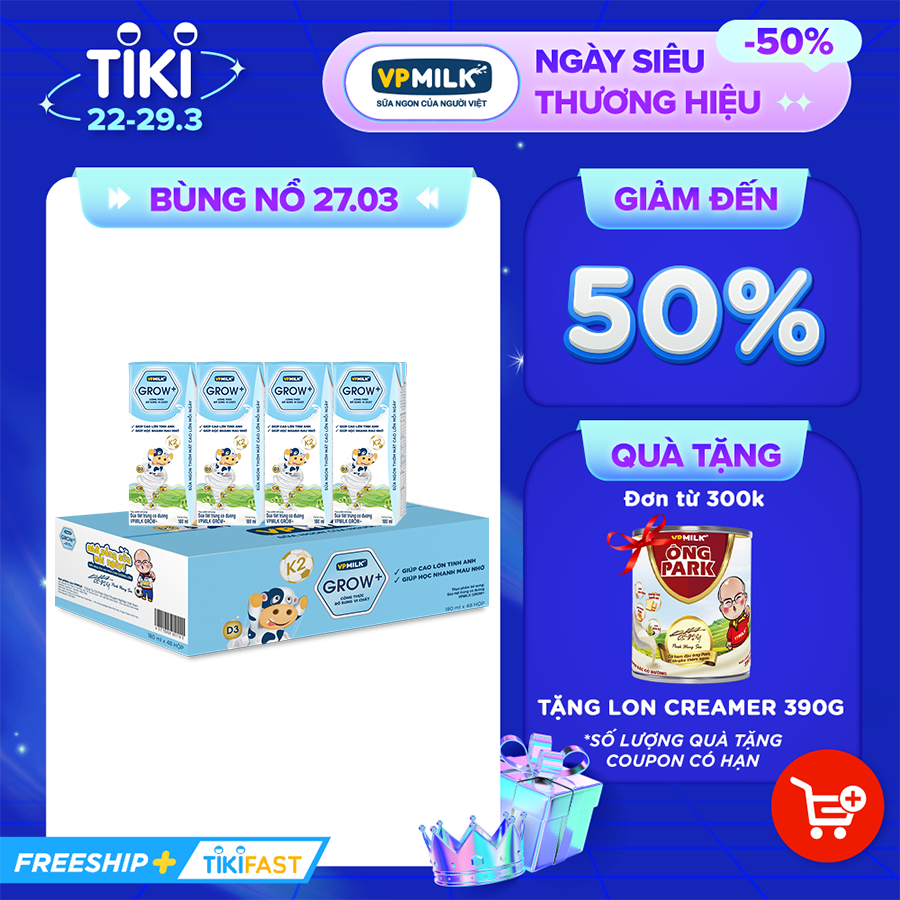 Sữa Tiệt Trùng Có Đường VPMilk Grow+ Hộp 180ml (Thùng 48 Hộp)