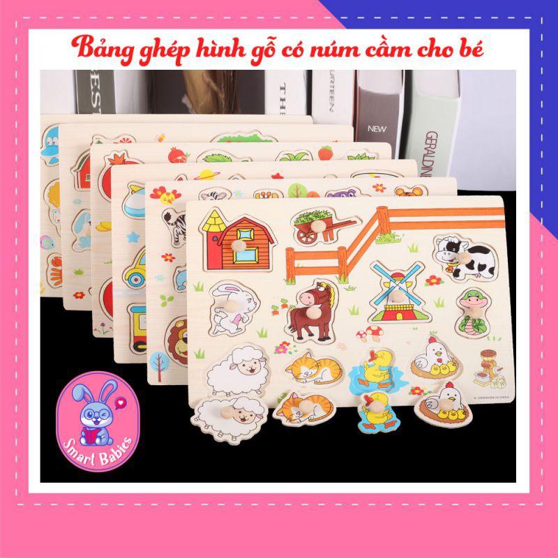 Bảng ghép hình núm gỗ có núm cầm cho bé loại dày, bảng ghép hình động vật trái cây chữ số giáo dục phát triển trí tuệ