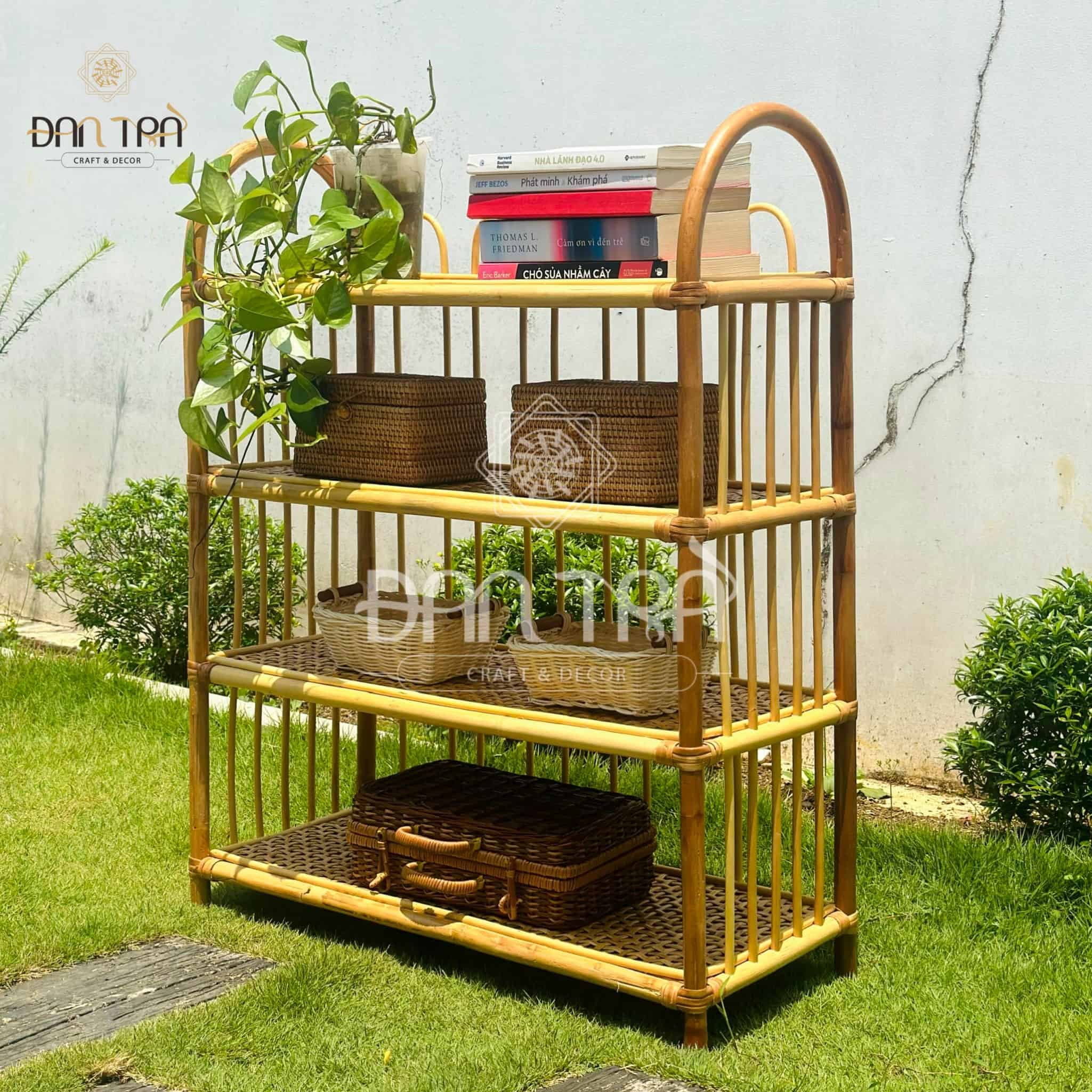 Kệ Tủ Mây Tre Đan Trà- Kệ Mây 4 Tầng- Kệ Mây Đựng Sách- Nội Thất Mây Tre Đan Trà