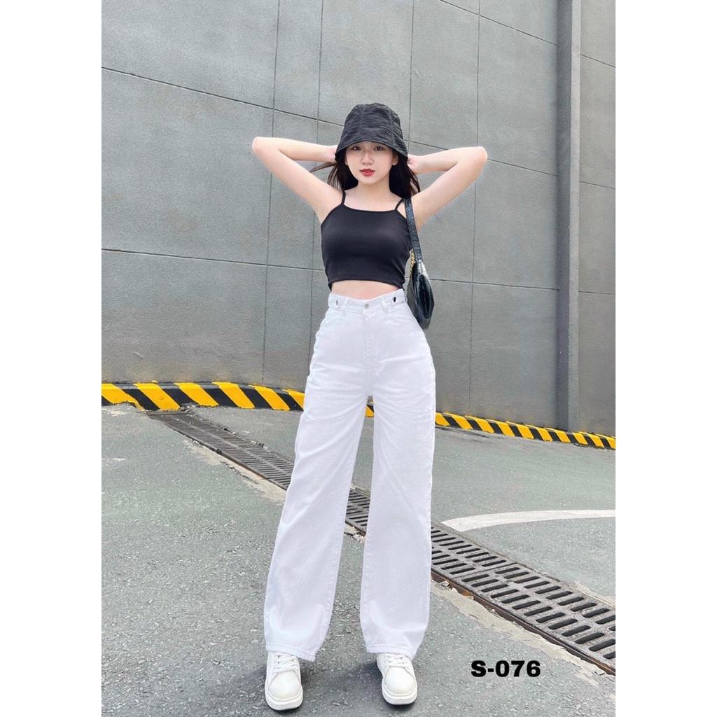 Quần jean trắng, quần bò ống suông nữ màu trắng trơn ulzzang có bass lưng siêu cao Lê Huy Fashion 3561