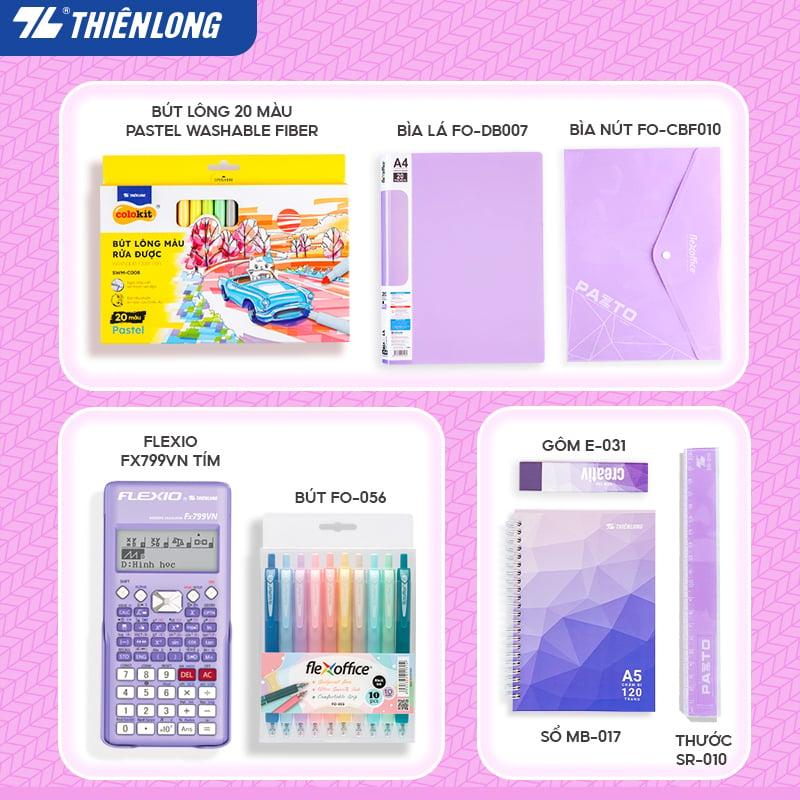 [Combo Cấp 2-3] Combo dụng cụ học tập thể hiện cá tính - Tone Tím pastel  - 08 món (Máy tính cầm tay Hot trend)