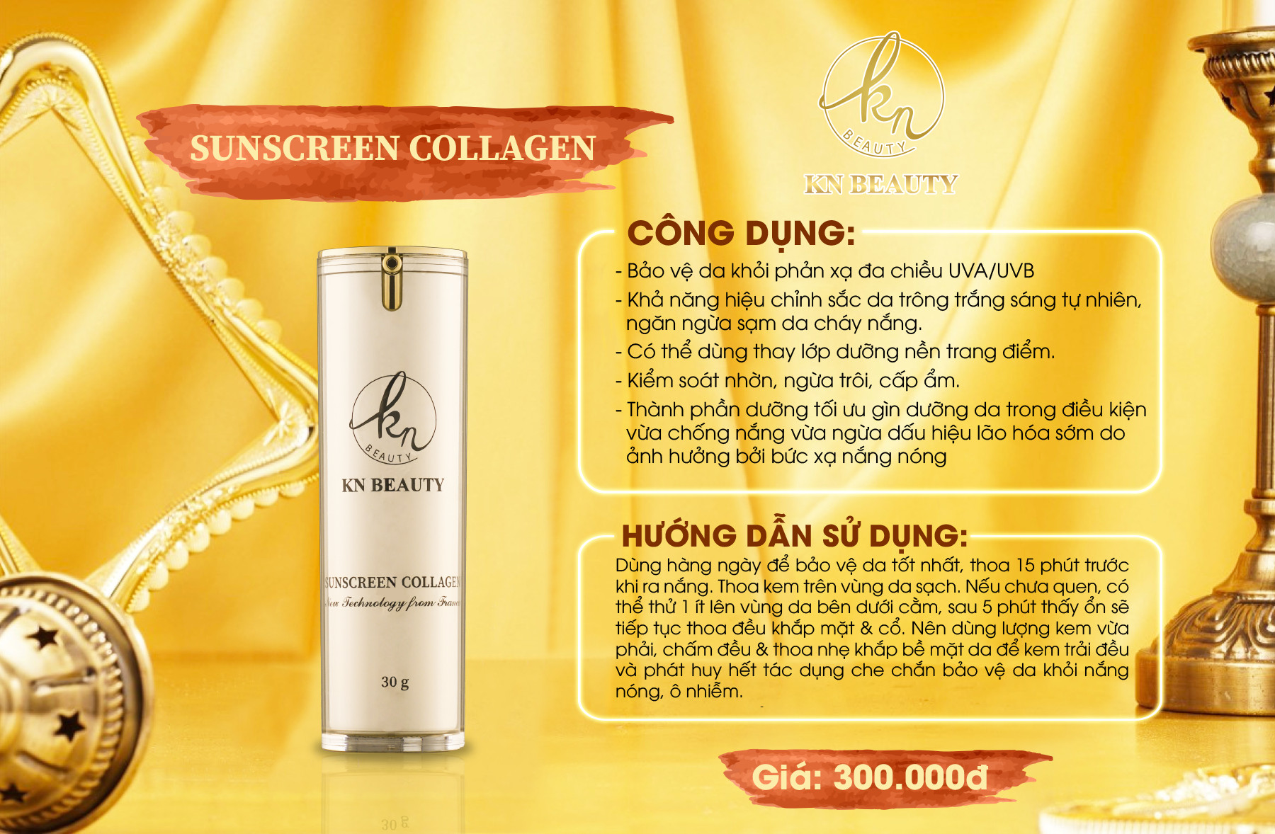 Kem Chống Nắng Make Up Dưỡng Da, Dưỡng Ẩm, Kháng Nước Sunscreen Collagen SPF 50+++ KN Beauty 30g