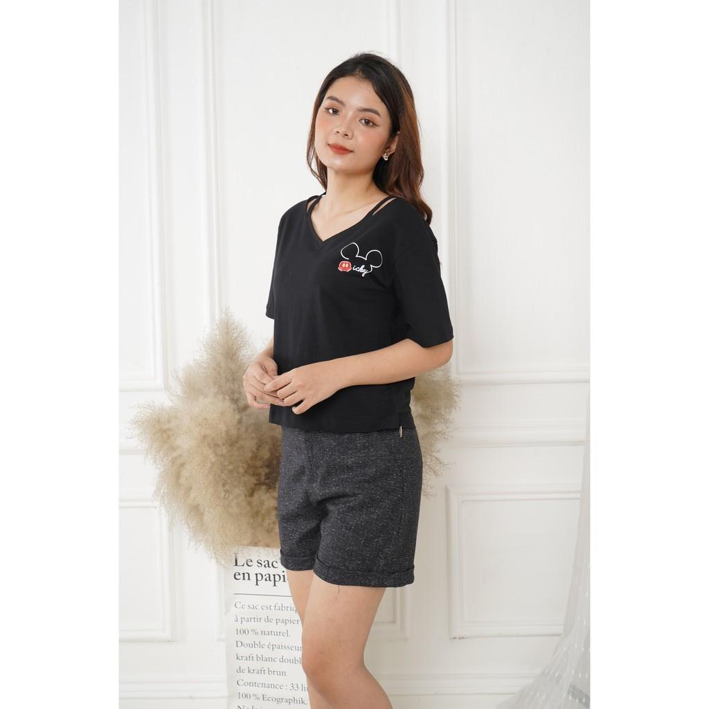 Áo thun in hình Mickey tay ngắn cổ tim dây- Sooyoung