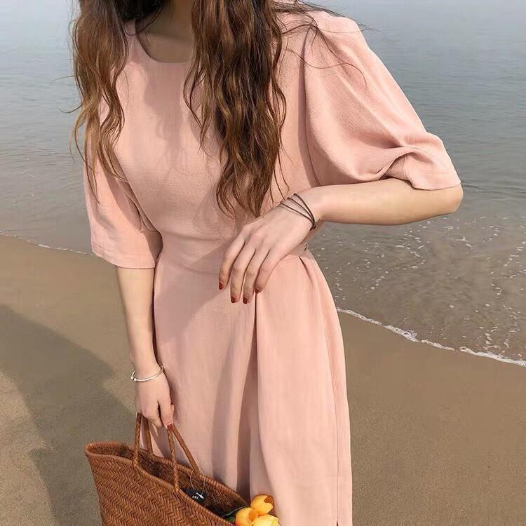 Trợ giá - ĐẦM THIẾT KẾ MIDI HỒNG TAY LỞ XẾP LY EO
