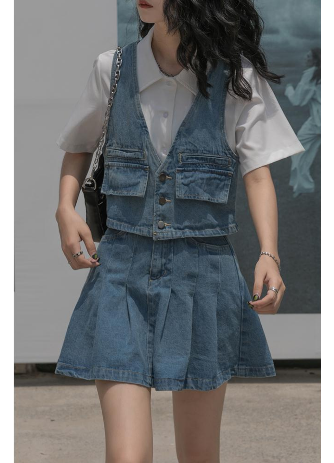 Sét vest jeans HQJeans áo kèm chân váy xòe đơn giãn