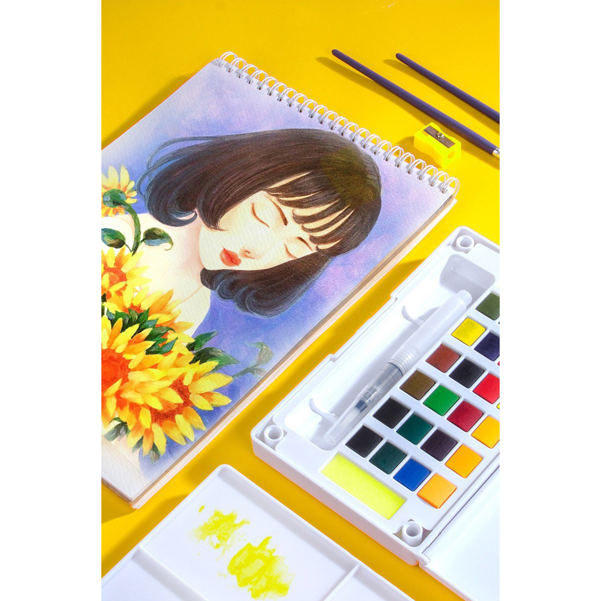 Màu Nước Nén Water Color Cao Cấp Tiện Lợi (Tặng kèm 2 bút nước + 1 palette +  2 miếng mút)