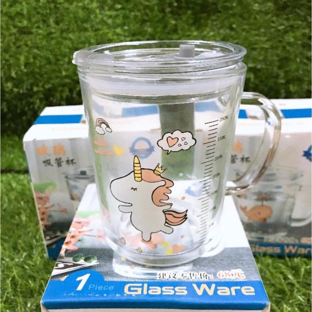 Cốc Chia Vạch Pha Sữa Thủy Tinh Có Nắp Đậy , Kèm Ống Hút Cho Bé 350ml An Toàn Và Tiện Lợi