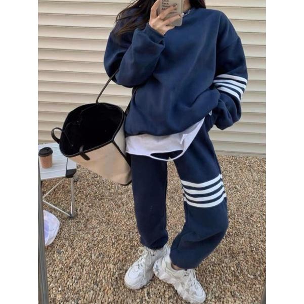 Set bộ quần áo nữ, Bộ Nỉ Kẻ Vạch Màu xanh - Set quần bo gấu kèm áo sweater thể thao kiểu hoodie cá tính Ulzzang