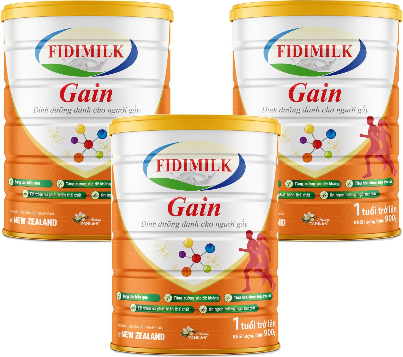 Combo 3 lon Sữa công thức FIDIMILK GAIN GOLD lon 900g - Dinh dưỡng cao cấp dành cho người gầy từ 1 - 18 tuổi.
