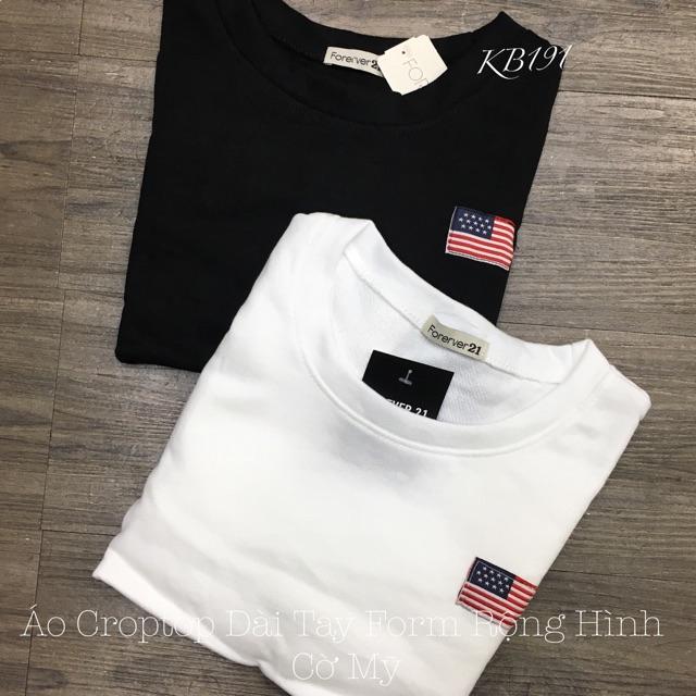 Áo Croptop Tay Dài Form Rộng Hình Cờ Mỹ