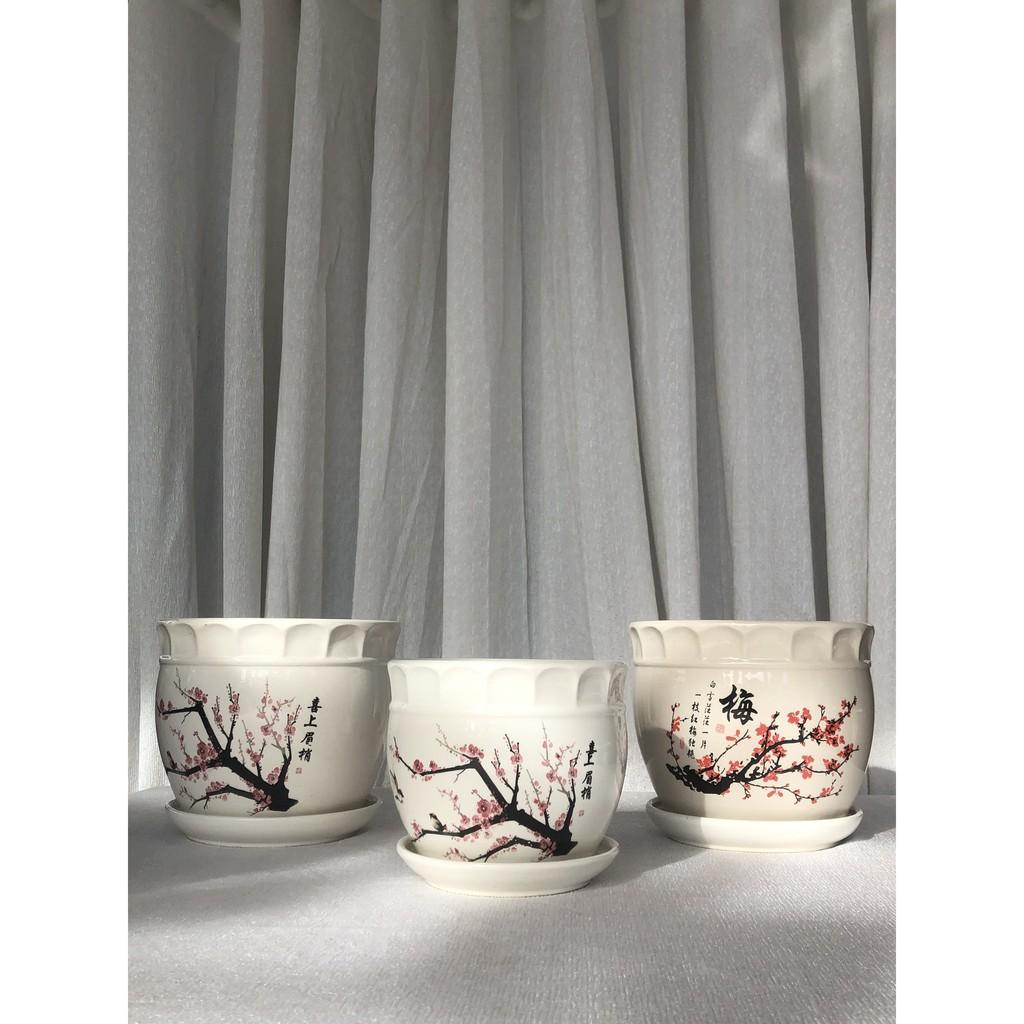 Bộ chậu men Hoa Đào Đỏ CK32 trồng cây cảnh trang trí nhà cửa, ban công, văn phòng, phòng ngủ, góc học tập