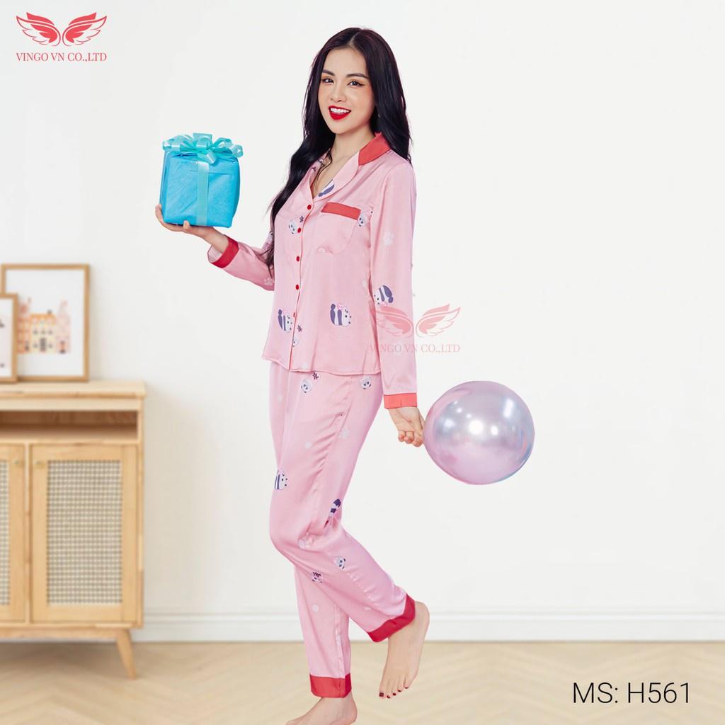 Đồ bộ nữ mặc nhà Pyjama VINGO Lụa Pháp cao cấp tay dài quần dài hình cốc trà sữa nền hồng mùa Thu Đông H561 VNGO - TDQD