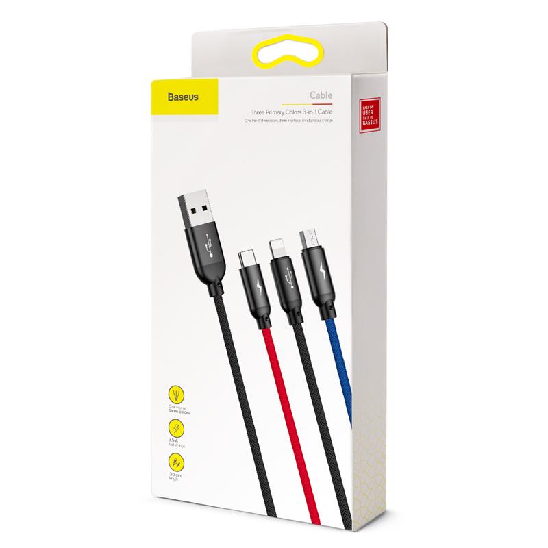 Cáp sạc 3 đầu Baseus Three Primary Colors 3-in-1 Cable USB For M+L+T 3.5A CAMLT-BSY - Hàng chính hãng