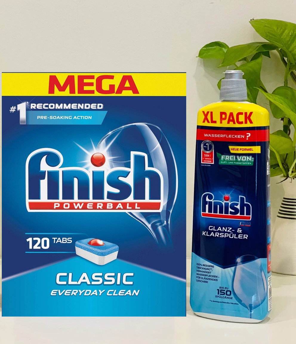 Viên rửa bát Finish 120 viên + Nước làm bóng Finish 800ml dùng cho Máy rửa bát