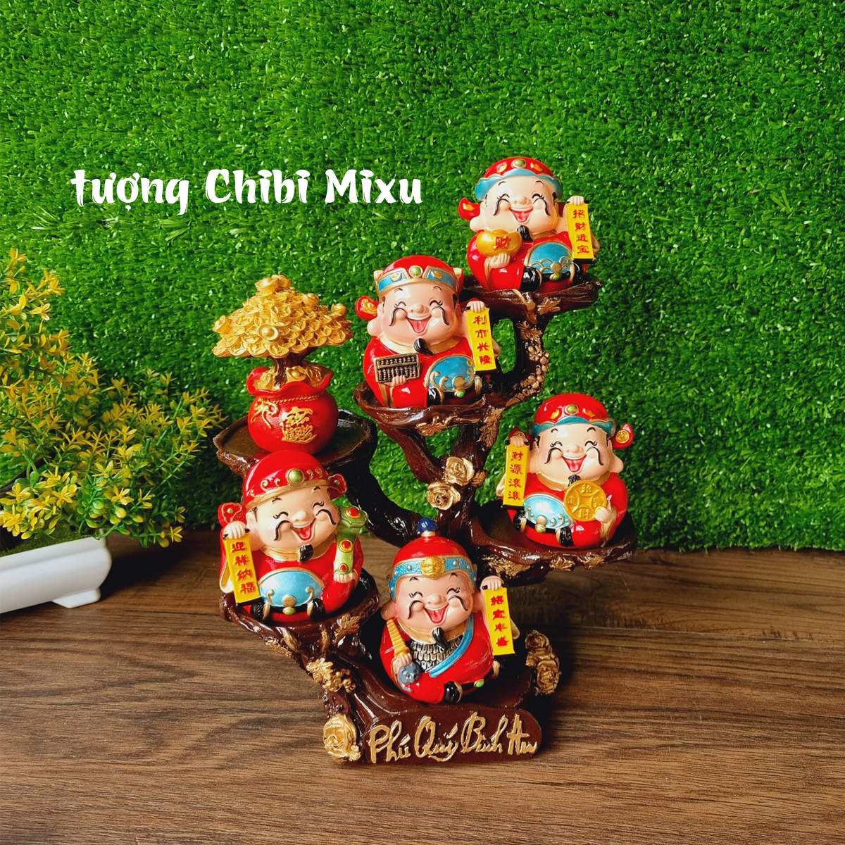 Bộ 05 tượng Ngũ Tài 7cm kèm cây tiền và chân đế Phú Quý Bình An