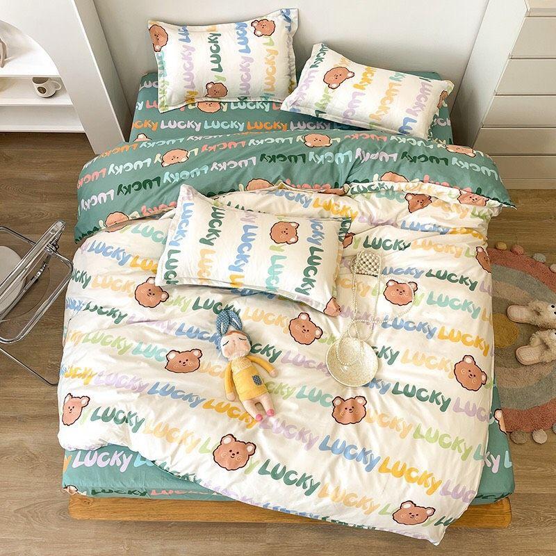 Bộ chăn ga gối hình gấu Cotton Poly cao cấp phong cách Hàn Quốc đủ size miễn phí bo chun drap ga giường theo yêu cầu